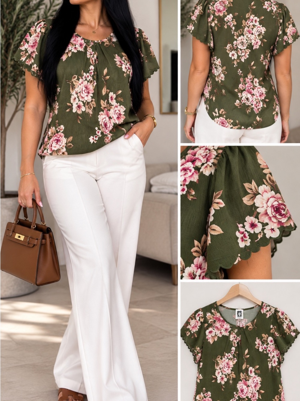Anne Klein Olive Green Floral Short Sleeve Blouse with Pink Flowers